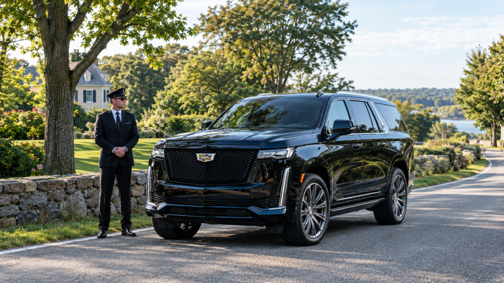 Middleton to Logan Airport limo service with a black Cadillac Escalade near a scenic Middleton roadway