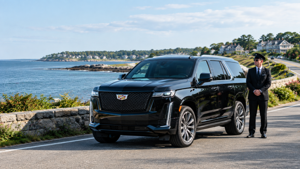 Nahant to Logan Airport limo service with a luxury Cadillac Escalade near the Nahant causeway